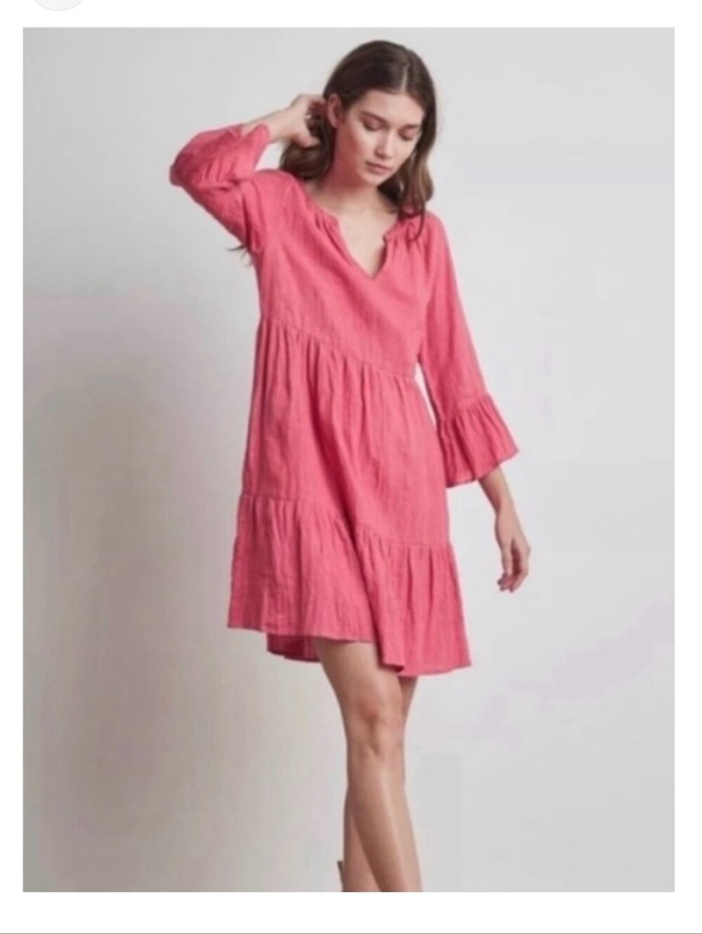 Velvet By Graham & Spencer Linen Pink Tiered V-Neck Tunic Dress Small